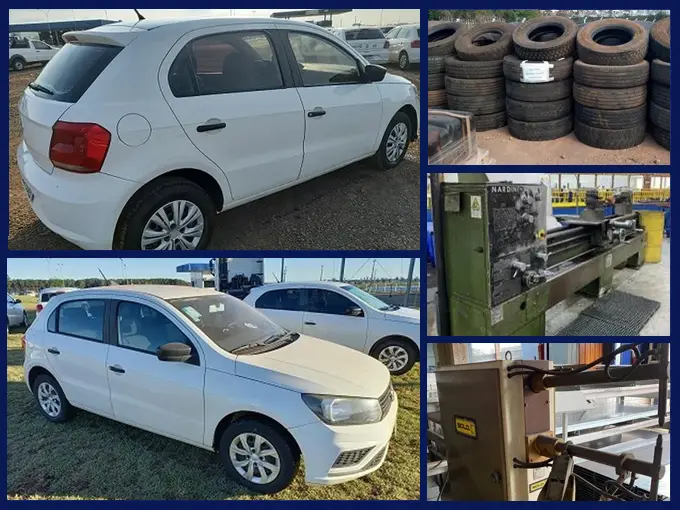 Leilão tem 3 Volkswagen Gol Seminovos, Pneus, Lonas, Máquina de solta e outros equipamentos industriais