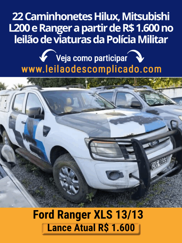 22 Caminhonetes Hilux, Mitsubishi L200 e Ranger a partir de R$ 1.600 no leilão de viaturas da Polícia Militar